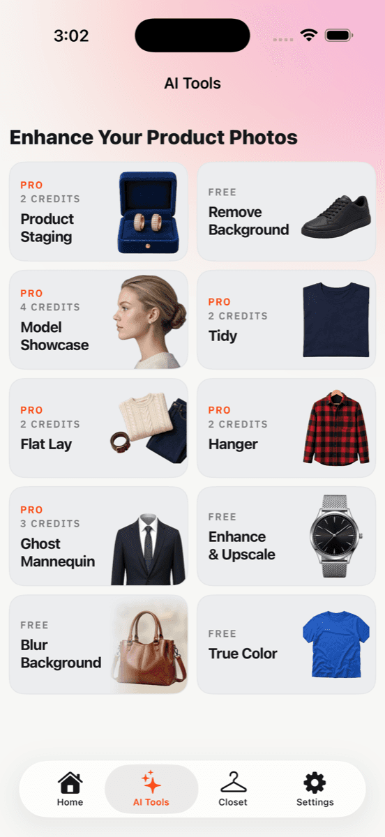 ClosetShot AI Tools screen listing all ten tools with their credit cost