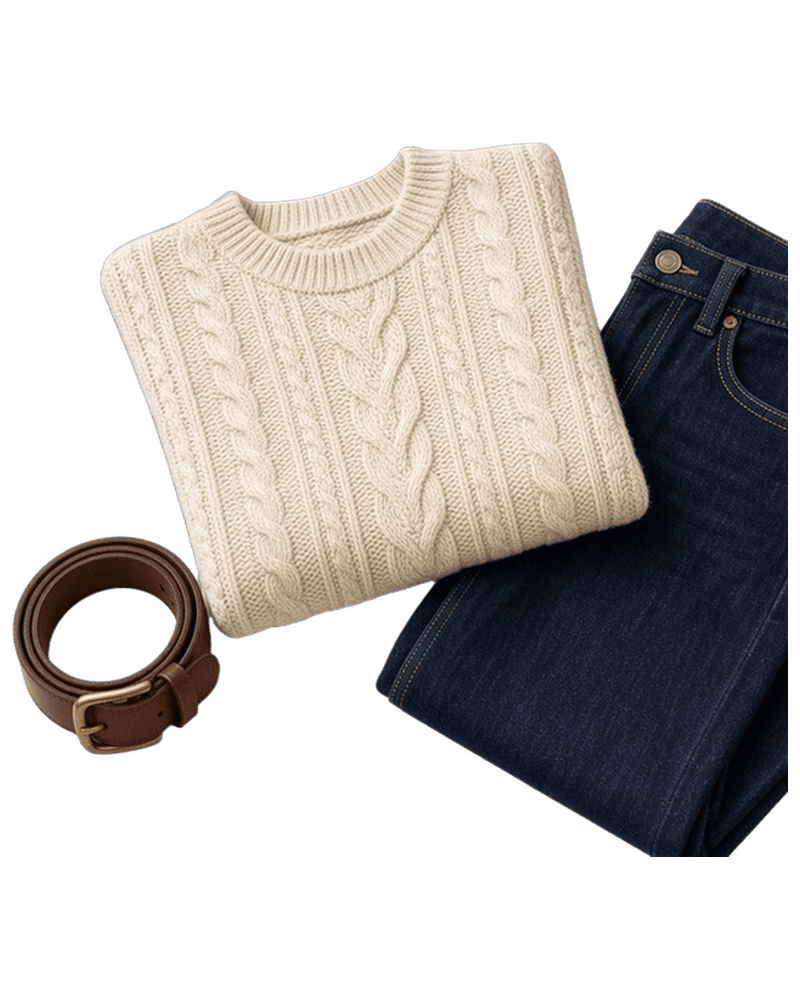 Flat Lay: cream cable-knit sweater with jeans and a belt