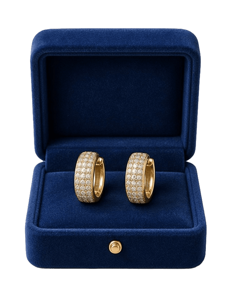 Product Staging: pavé gold hoop earrings in a navy gift box